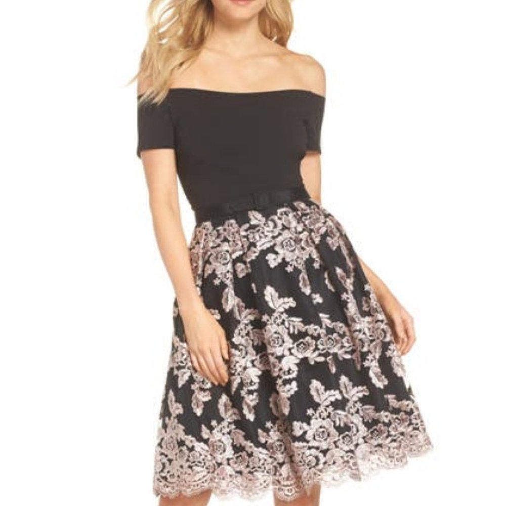Eliza J Black and White Off-Shoulder Midi Dress